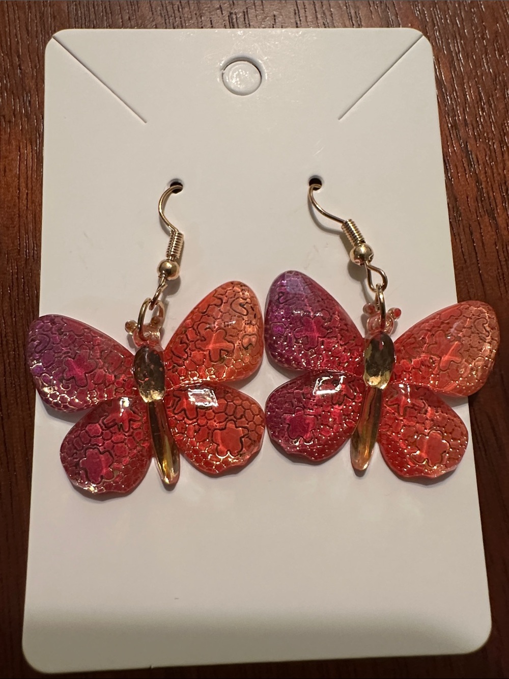Gold Butterfly Dangle Earrings in Pink and Orange